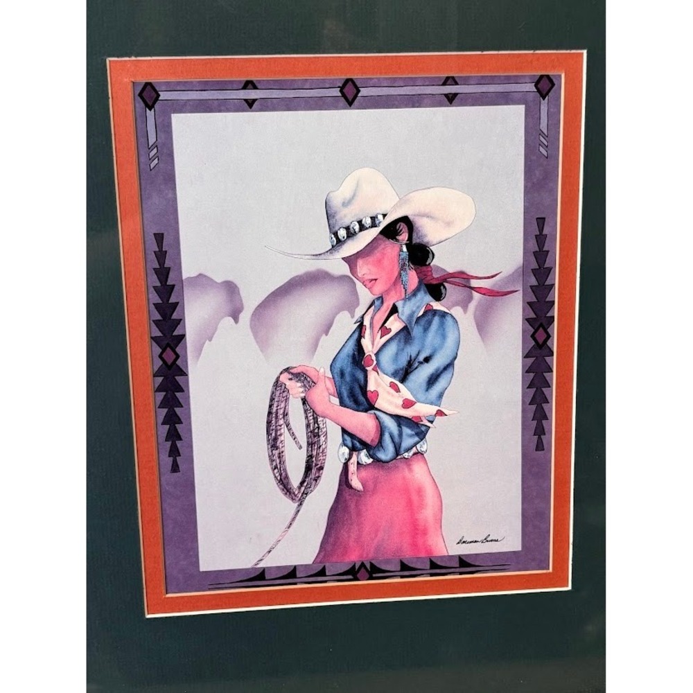 VTG Doreman Burns Signed Southwestern Cowgirl Art Print Framed Lasso Buffalo
